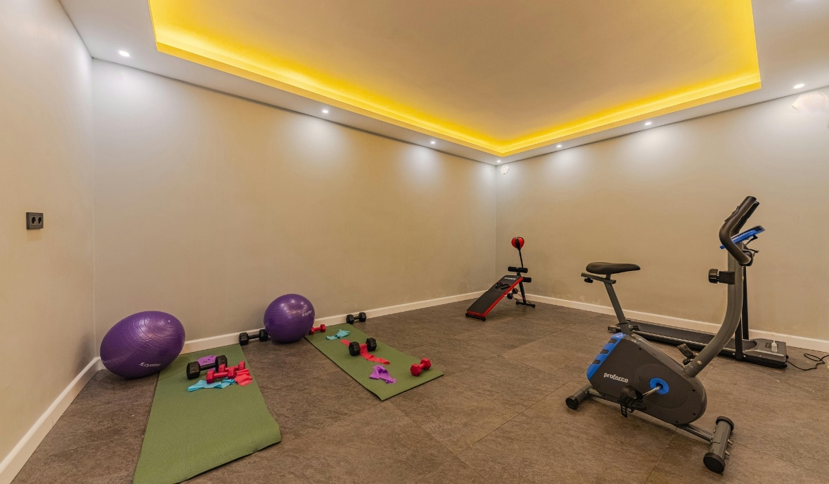 Wall mounted rack solutions enhance a modern home gym with versatile workout equipment and a spacious layout
